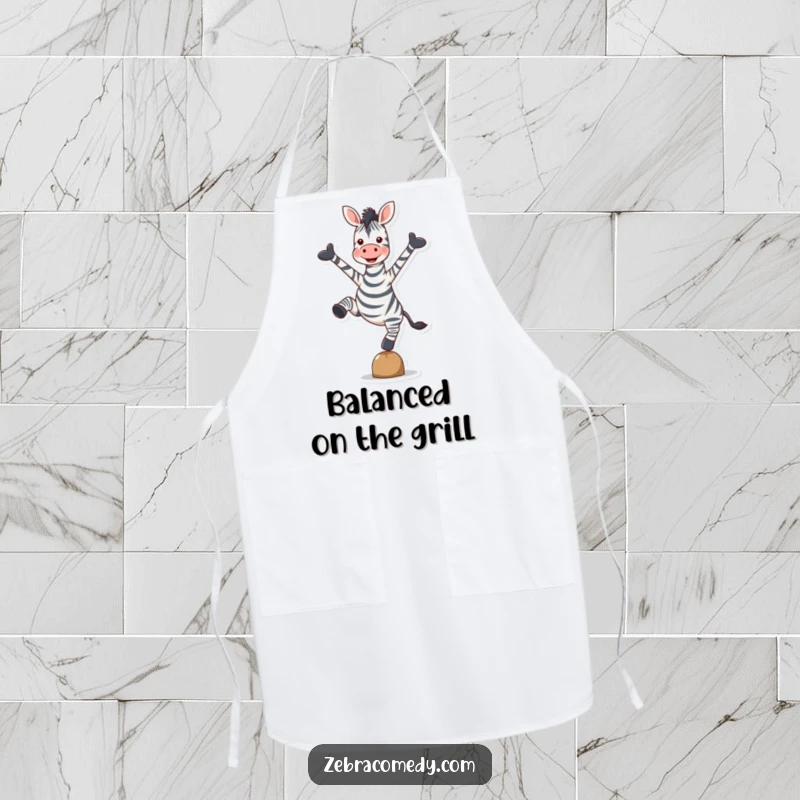 Funny Zebra Apron: A practical apron showcasing a zebra balancing on one hoove, arms spread wide in delight, perfect for the kitchen.