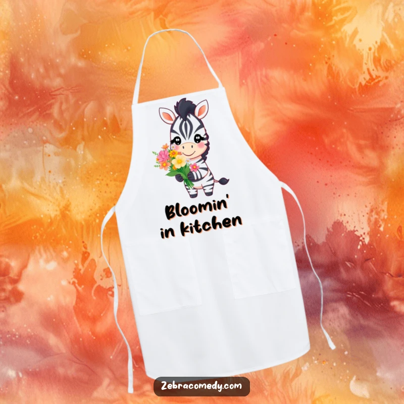 Funny zebra character with a sweet smile offering a bouquet of flowers, perfect for a humorous and kind apron.