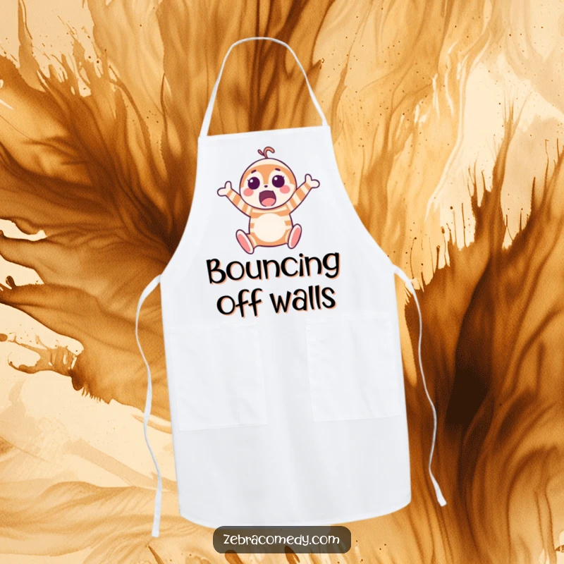 Funny apron showing a surprised striped character mid-jump, perfect for adding a humorous element to cooking and kitchen activities.