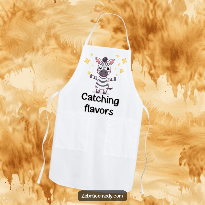 Funny apron with a zebra character catching falling sparkling stars, ideal for adding cosmic humor and inspiration to kitchen activities.