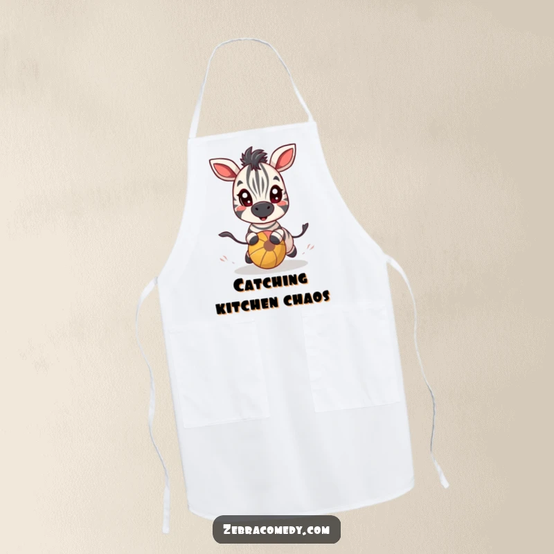Funny zebra character with wide, excited eyes chasing a bouncy ball, perfect for a humorous apron during cooking.