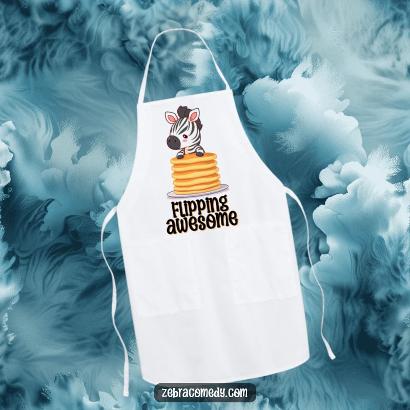 Funny tiny zebra pancake apron showing a small zebra balancing a tall stack of pancakes, ideal for chefs who love breakfast humor.