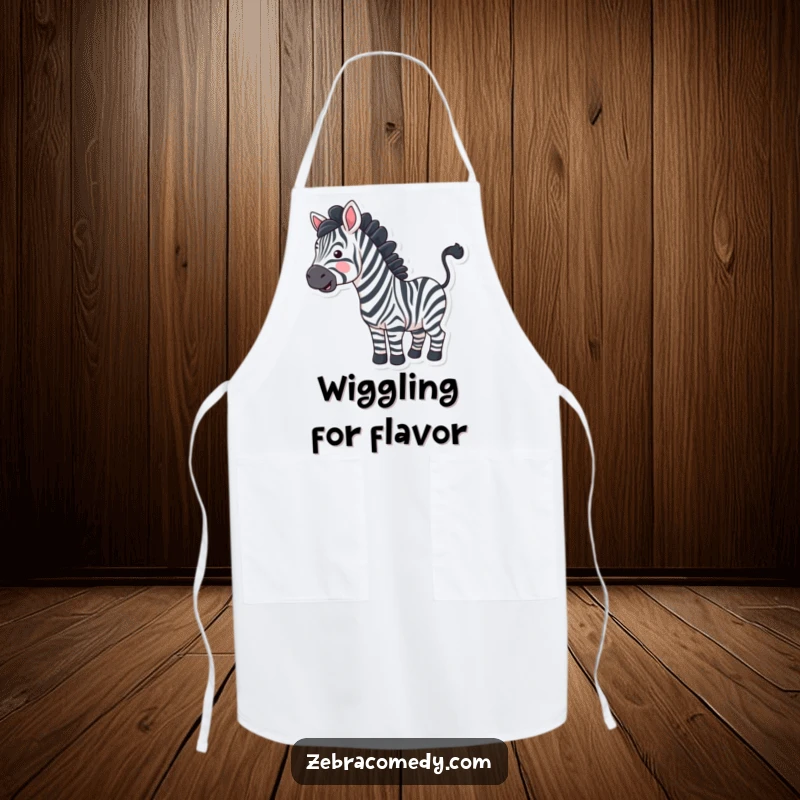 Funny zebra with exaggerated wavy stripes happily wiggling its tail on a kitchen apron, adding humor.