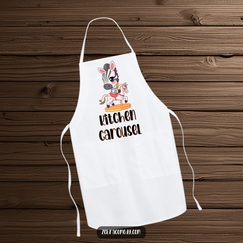Funny Apron featuring a zebra character with a mischievous wink, riding a miniature carousel horse, perfect for whimsical cooking.