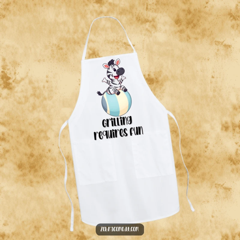 Funny zebra apron depicting a joyful zebra with a wide grin bouncing on a large striped ball, bringing playful energy to culinary tasks.
