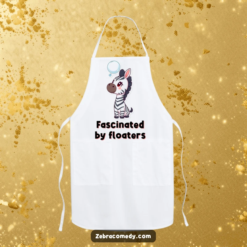 Funny zebra apron showing a curious zebra looking up at a bubble, designed for cooks who love a bit of whimsy and humor.