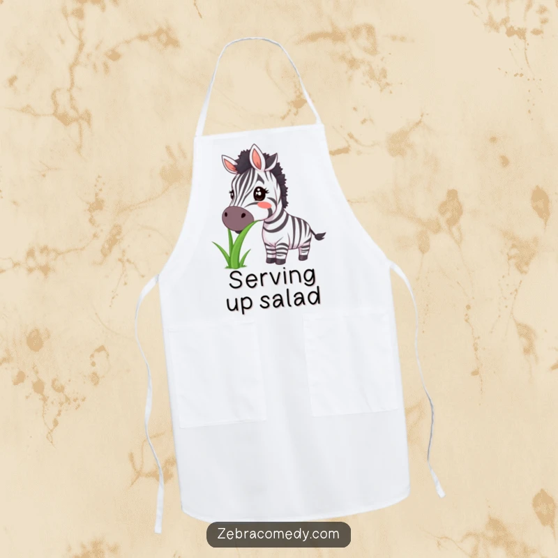 Funny zebra apron depicting a huge smile while eating large grass, bringing fun to cooking.