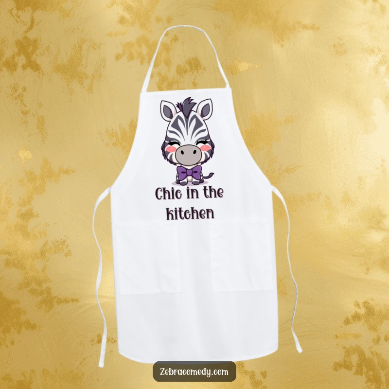 Funny Playful Zebra Apron: A stylish zebra wearing a large, silly bowtie and winking playfully while cooking.