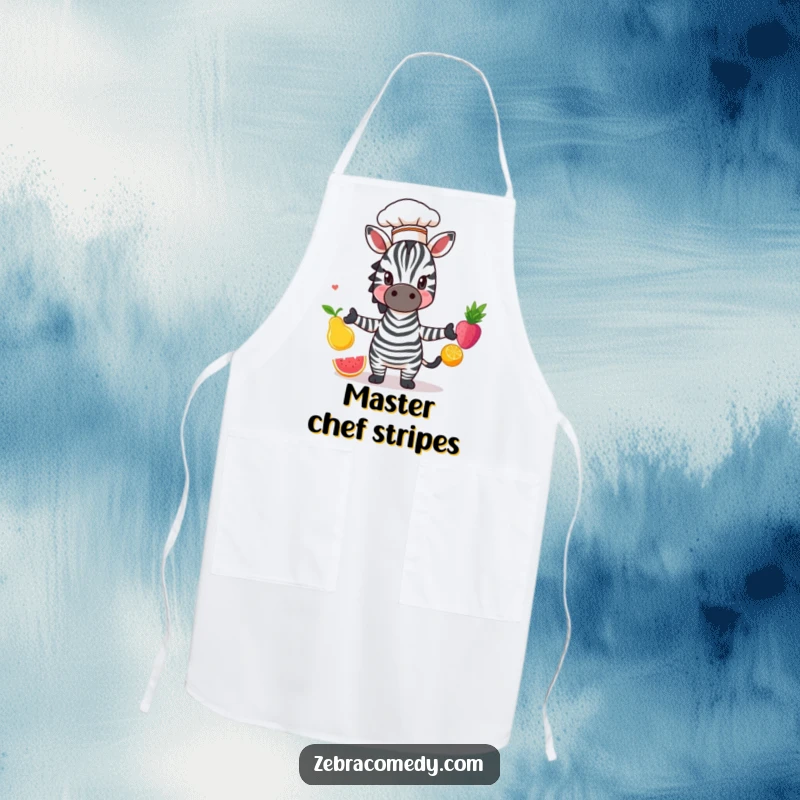 Funny Zebra Apron: A zebra in a chef hat juggling colorful fruit, adding humorous flair to your culinary endeavors.