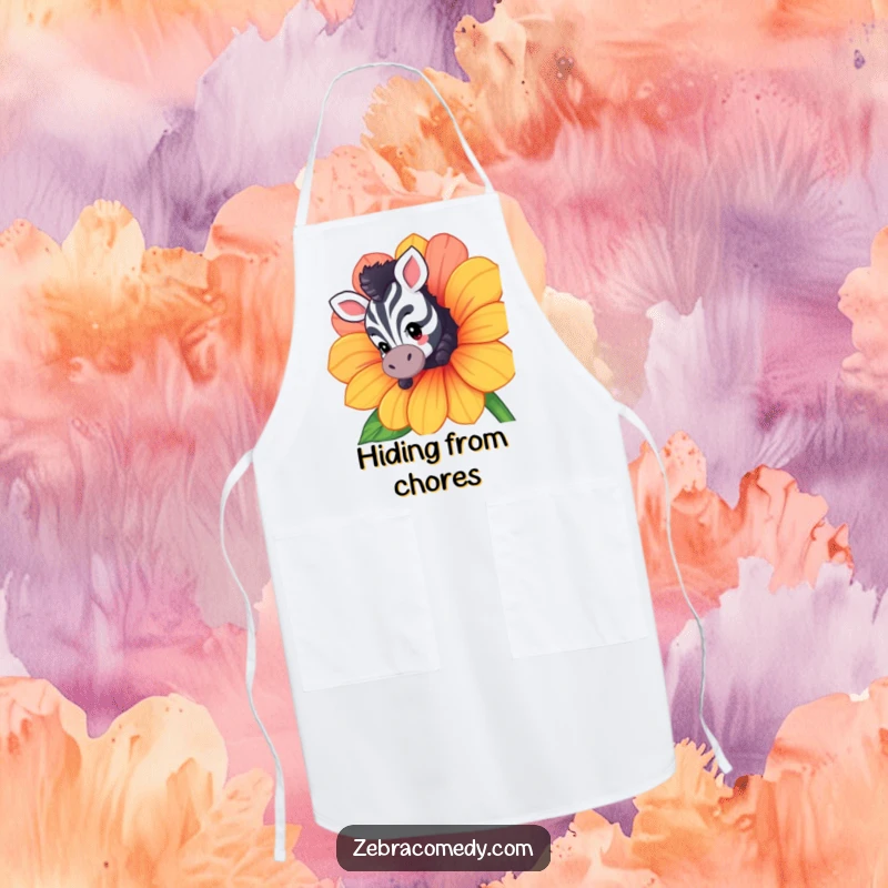 Funny apron featuring a curious zebra character peeking from behind a flower, adding a humorous and charming touch to kitchen wear.