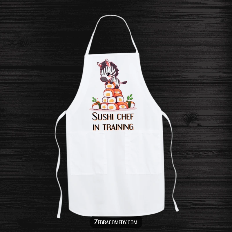 Funny Giddy Zebra Sushi Apron: A dizzy zebra attempting to balance on a teetering tower of sushi while cooking.