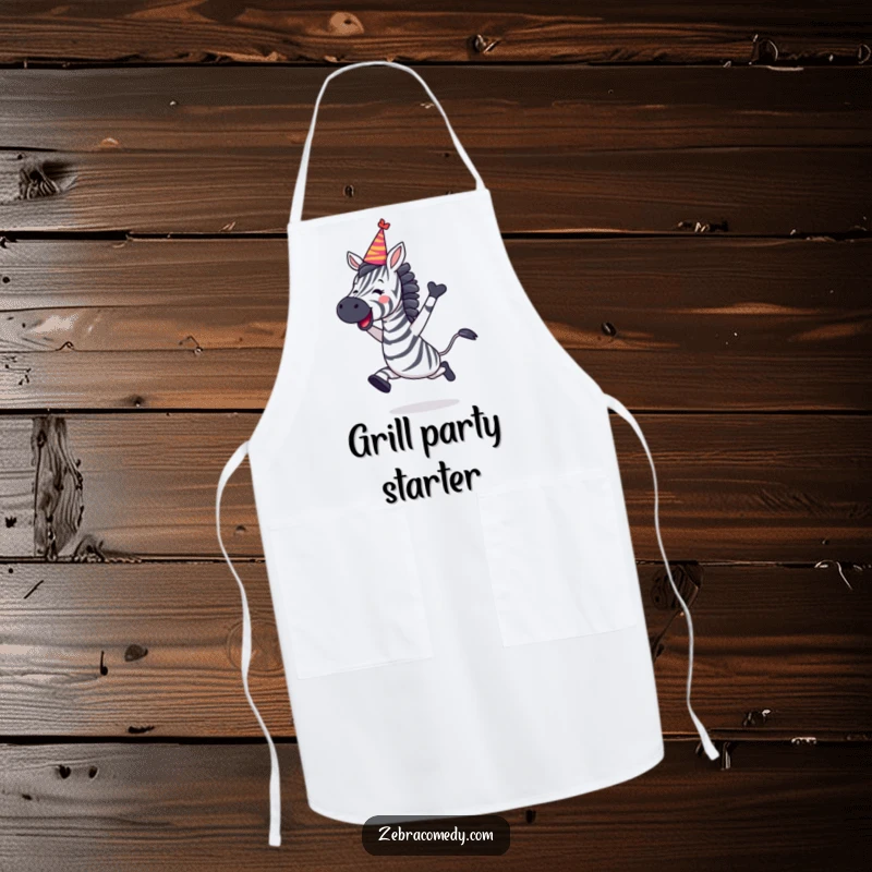 Funny Zebra Apron featuring a zebra leaping with joy and wearing a party hat, a humorous kitchen item.