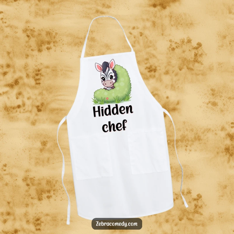 Funny peeking zebra apron showing a playful zebra peeking from behind a bush, ideal for chefs who love adding a playful element.