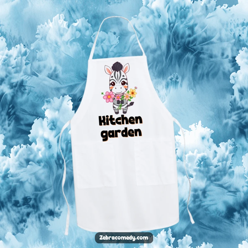Funny grinning zebra apron showing a happy zebra holding a bouquet of flowers, ideal for chefs who love spreading cheer.