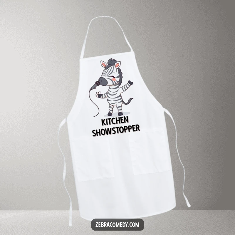 Funny Zebra Apron featuring a zebra with striped socks jiving with a microphone, a humorous kitchen item.