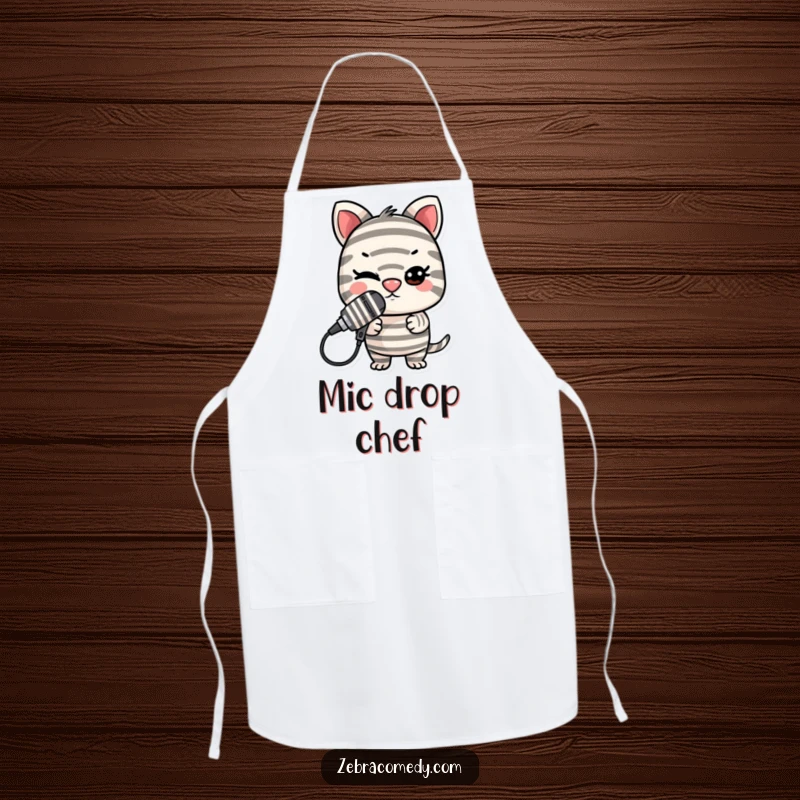 Funny Striped Microphone Apron: A mischievous striped character balances a microphone on its nose, ready for the show.