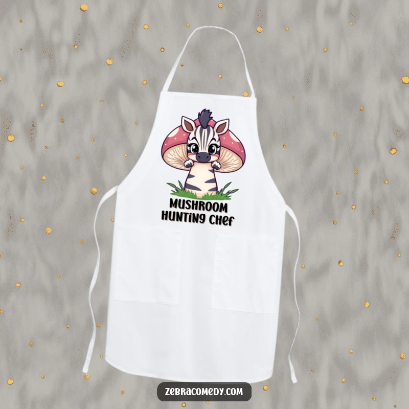 Funny zebra apron depicting a curious zebra peeking over a giant striped mushroom with wide eyes, bringing whimsical charm to culinary tasks.