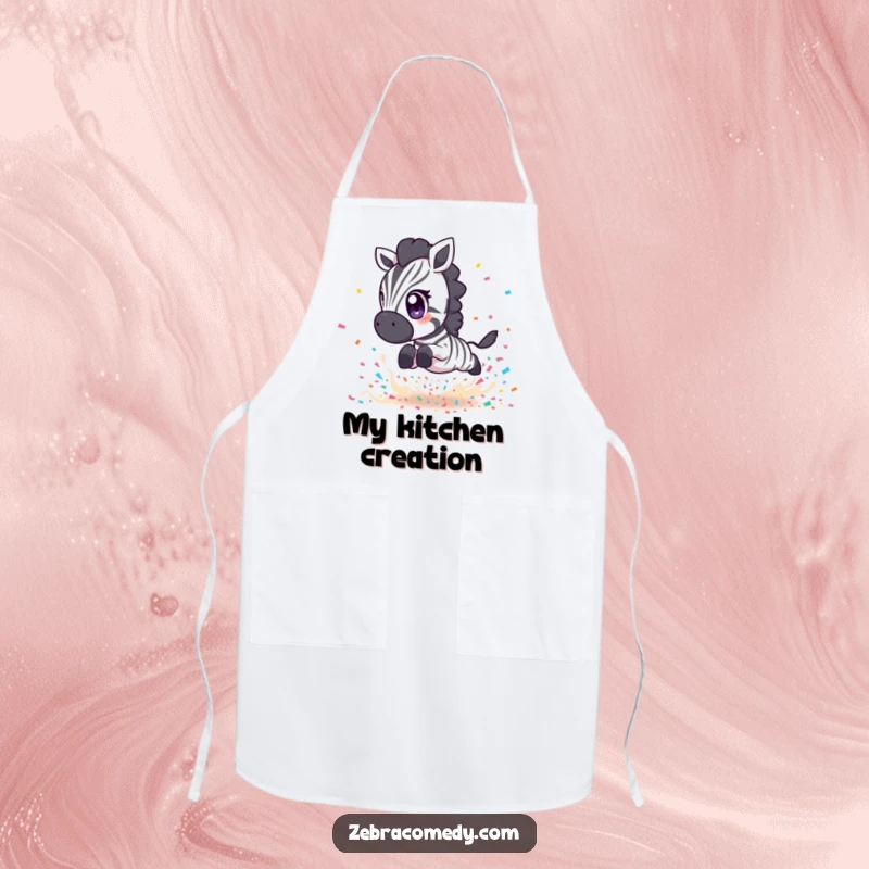 Funny Zebra Apron: A zebra with big eyes leaping over confetti, adds fun to cooking, perfect gift.