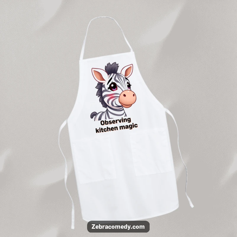 Funny zebra apron, stripy ears perked, looking up in wonder, perfect for the kitchen with a touch of whimsy.