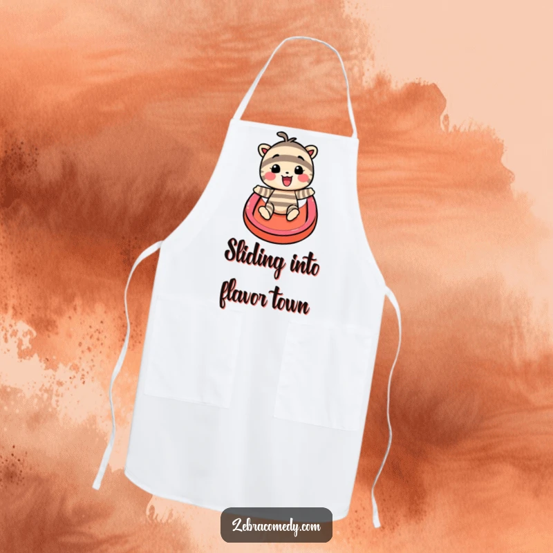 Funny apron with a striped character joyfully sliding down a rainbow, adding a humorous and colorful touch to kitchen activities.