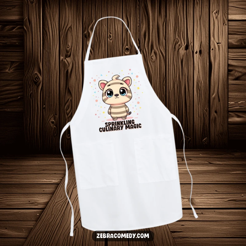 Funny apron with a striped character curiously gazing at a swirling confetti galaxy, adding a humorous and cosmic touch to kitchen tasks.