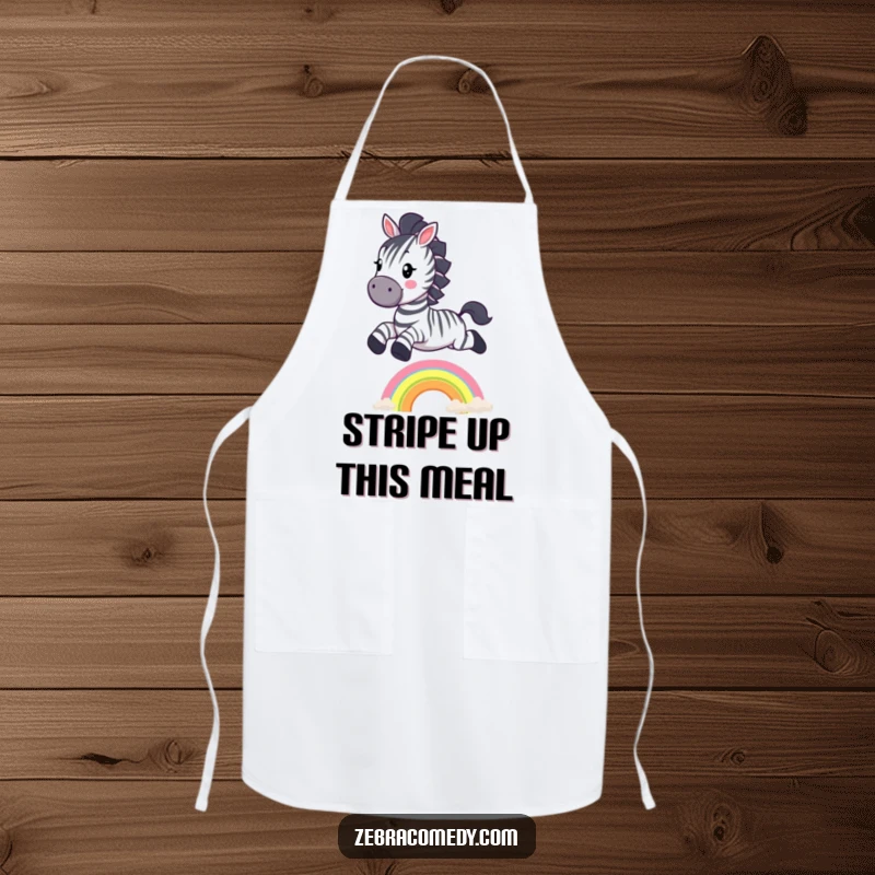 Funny Zebra Apron: A happy zebra character jumping over a small rainbow, adding magical humor to your kitchen ensemble.