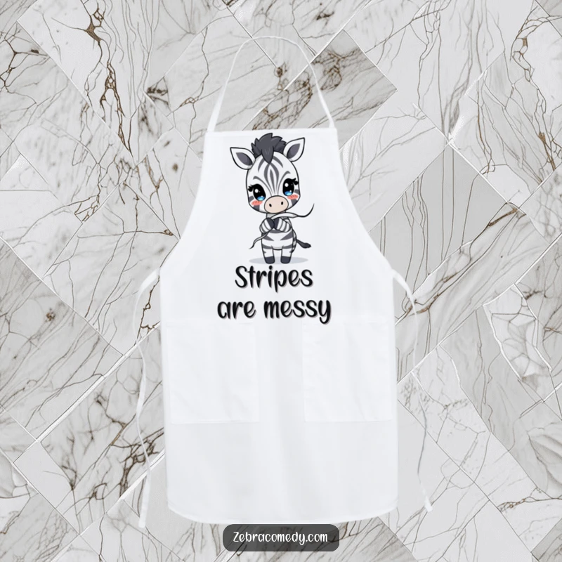 Funny Apron featuring a zebra character playfully tugging on a loose stripe that is unraveling, ideal for humorous kitchen activities.