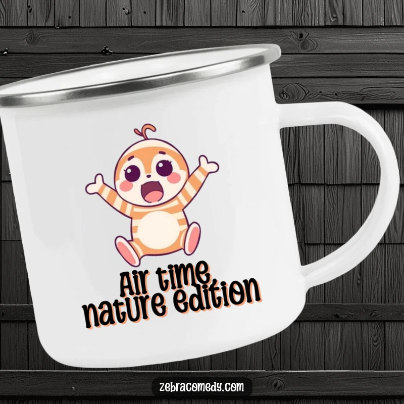 Funny camping mug with a surprised striped character mid-jump, celebrating outdoor adventures with humor and a joyful spirit.