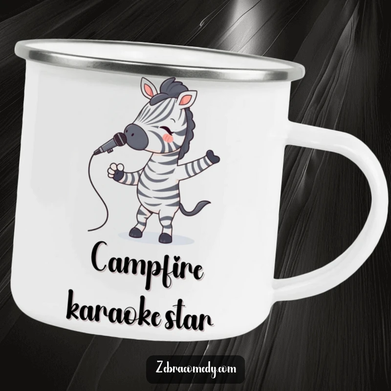 Funny Zebra Camping Mug featuring a zebra with striped socks jiving with a microphone, for outdoor music lovers.