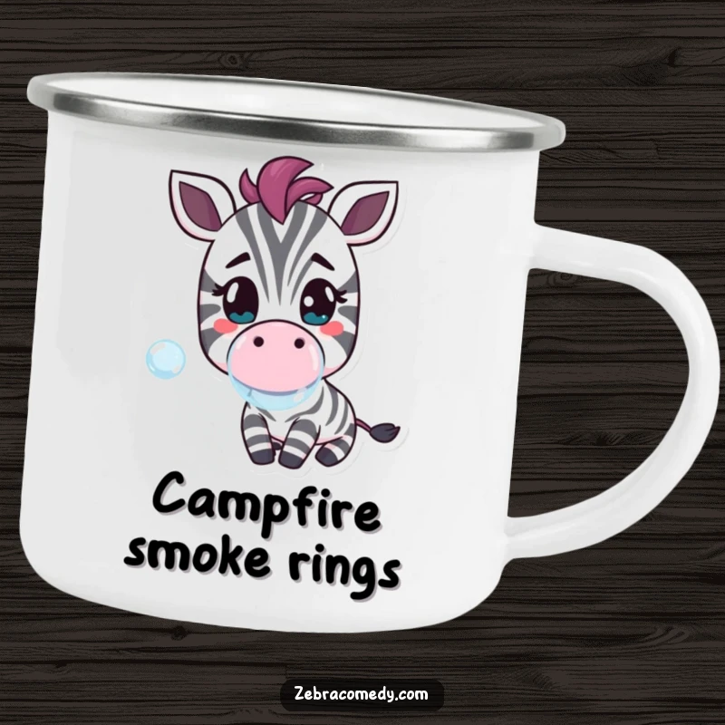 Funny camping mug featuring a cheerful zebra character blowing a bubble, ready for outdoor fun and sweet beverages.
