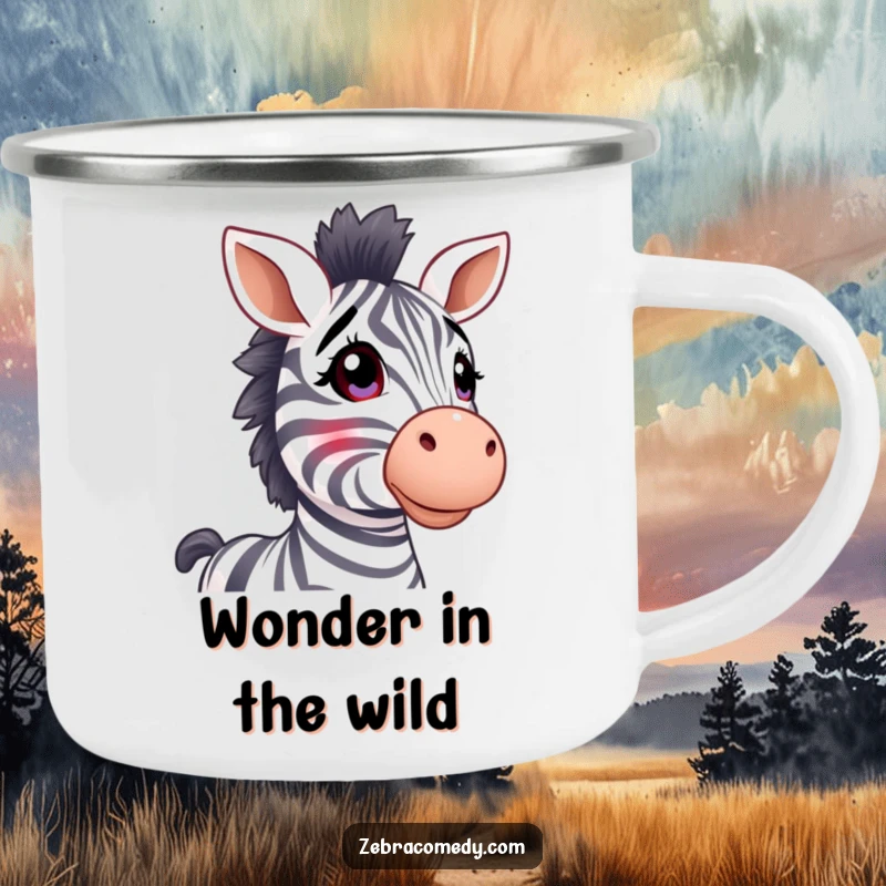 Funny zebra camping mug, stripy ears perked, looking up in wonder, durable and humorous for outdoor adventures.