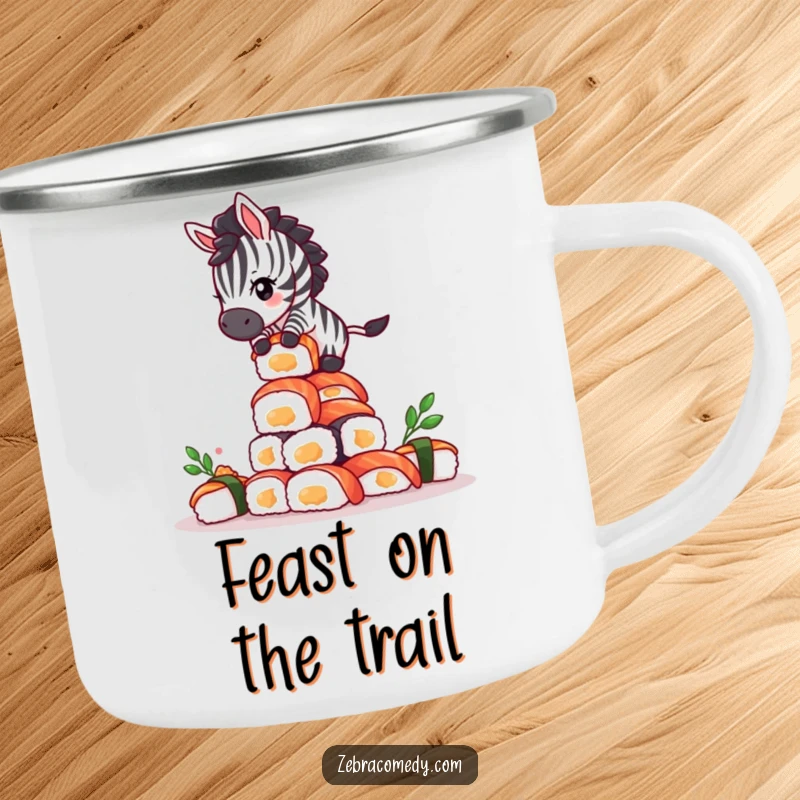 Funny Giddy Zebra Sushi Camping Mug: A dizzy zebra balancing on a precarious sushi tower, ready for the outdoors.