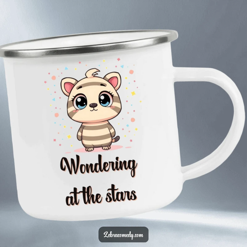 Funny camping mug showing a striped character observing a confetti galaxy, perfect for outdoor drinks and adding a humorous cosmic touch.
