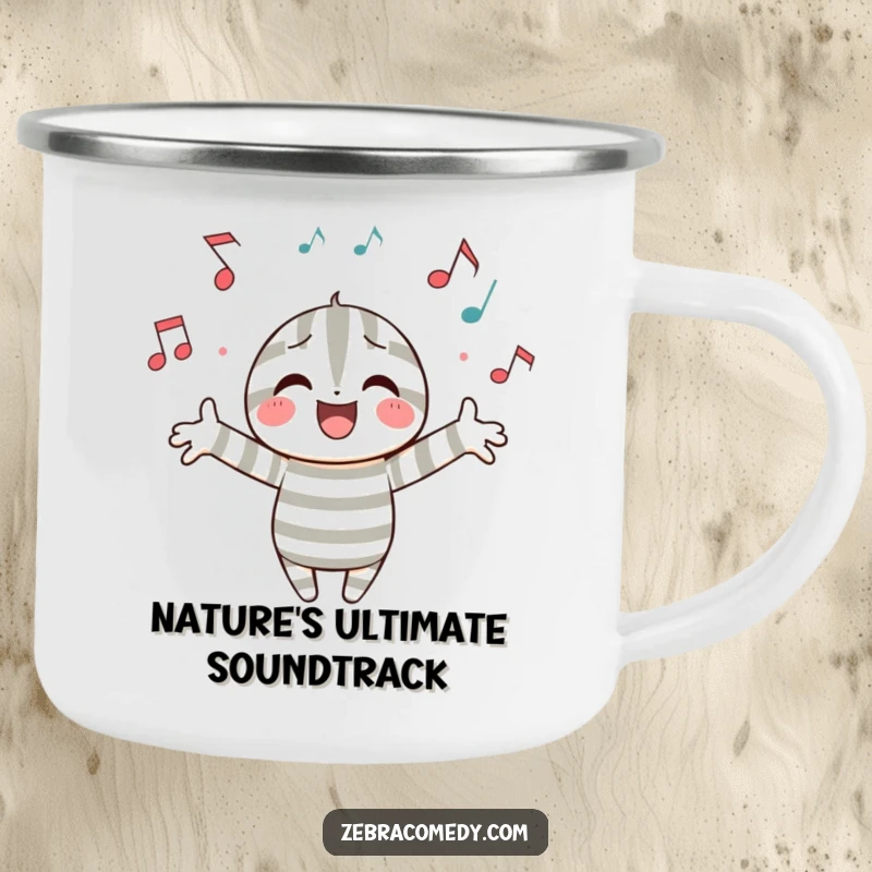 Funny camping mug showing a striped character surrounded by musical notes, perfect for outdoor brews and adding a humorous musical touch.