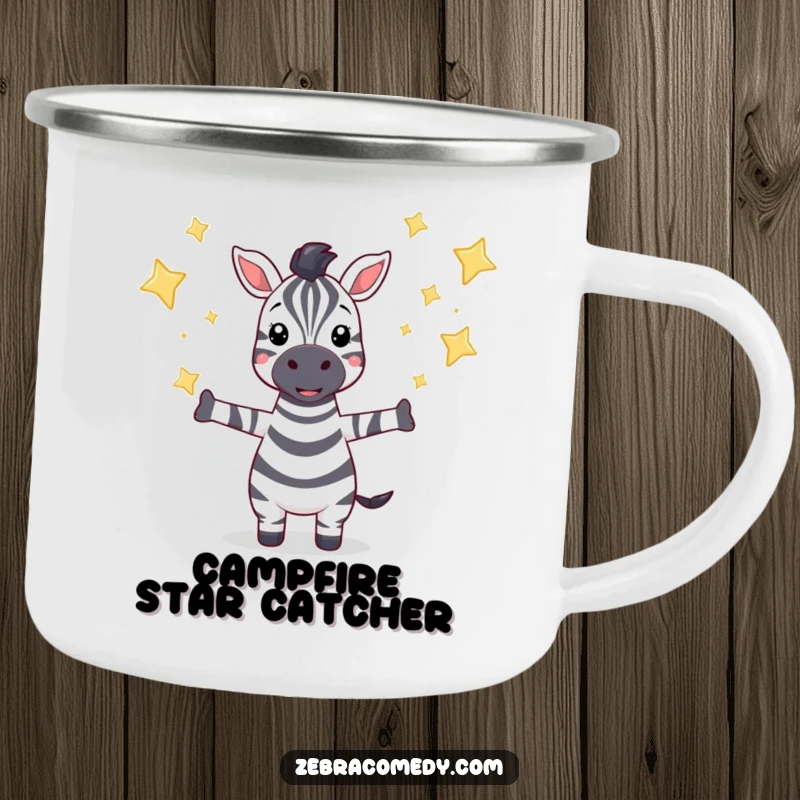 Funny camping mug with a zebra character catching falling sparkling stars, perfect for outdoor adventures and cosmic inspiration.