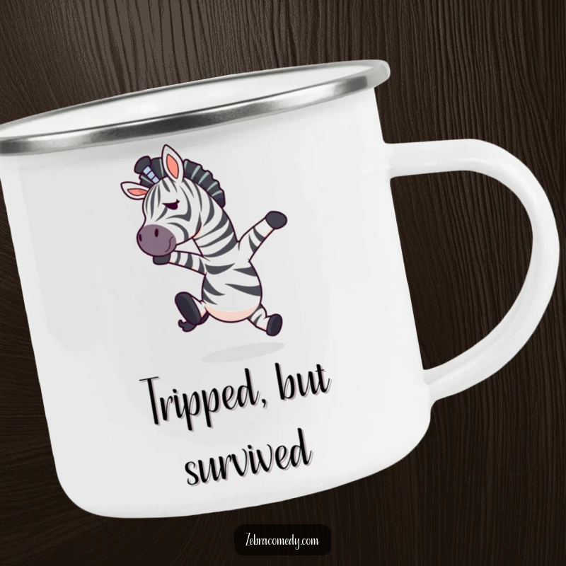 Funny zebra character caught mid-air in surprise after tripping, on a camping mug for humorous outdoor use.