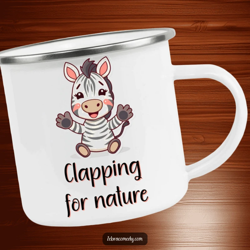 Funny Zebra Camping Mug: A sturdy mug featuring a joyful zebra clapping its hooves, ready for any outdoor excursion.