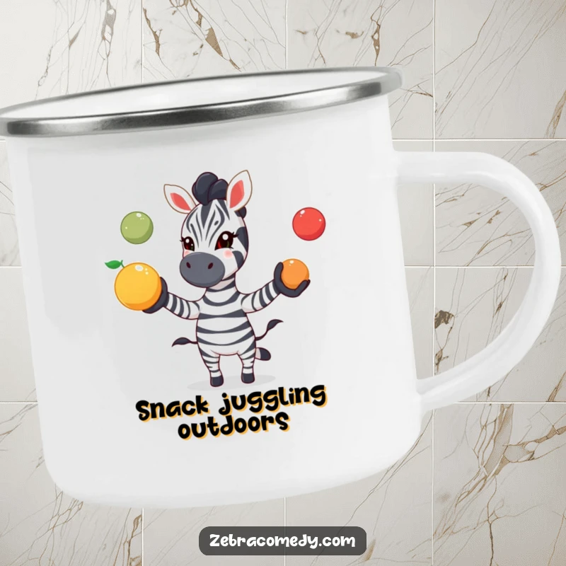 Funny zebra camping mug showing a zebra playfully juggling colorful fruit with excitement, designed for fun outdoor enjoyment.