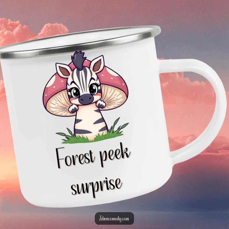 Funny zebra camping mug showing a curious zebra peeking over a large, striped mushroom with wide eyes, designed for whimsical outdoor enjoyment.