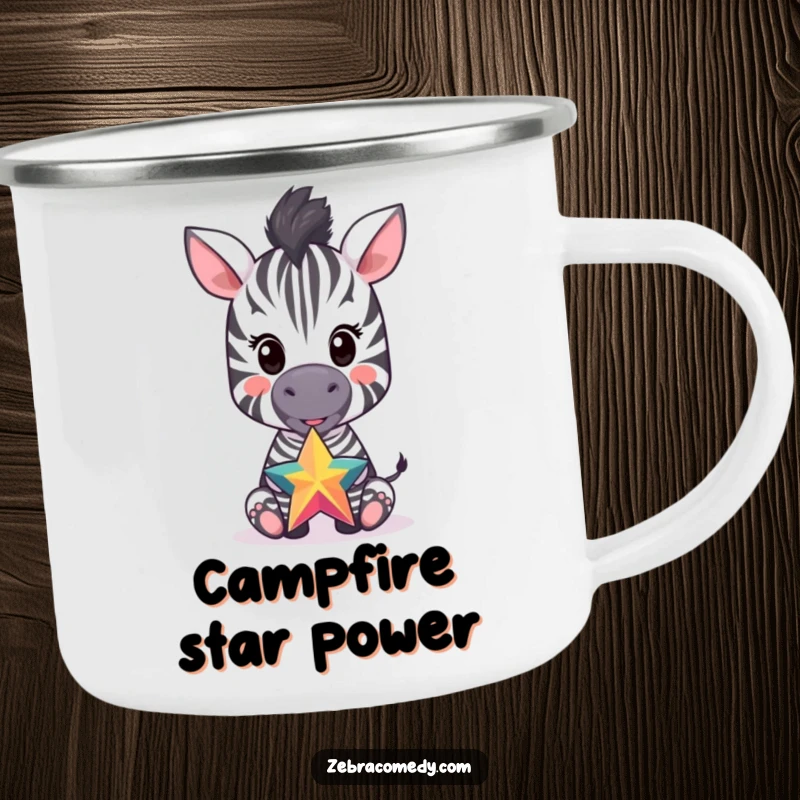 Funny camping mug with a happy zebra cub balancing a star on its nose, perfect for outdoor enjoyment and adding humor to camp trips.