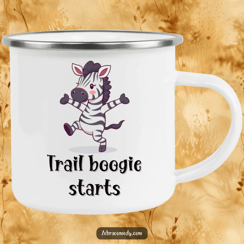 Funny zebra character in mid-dance, perfect for a durable camping mug to enjoy drinks outdoors with a laugh.