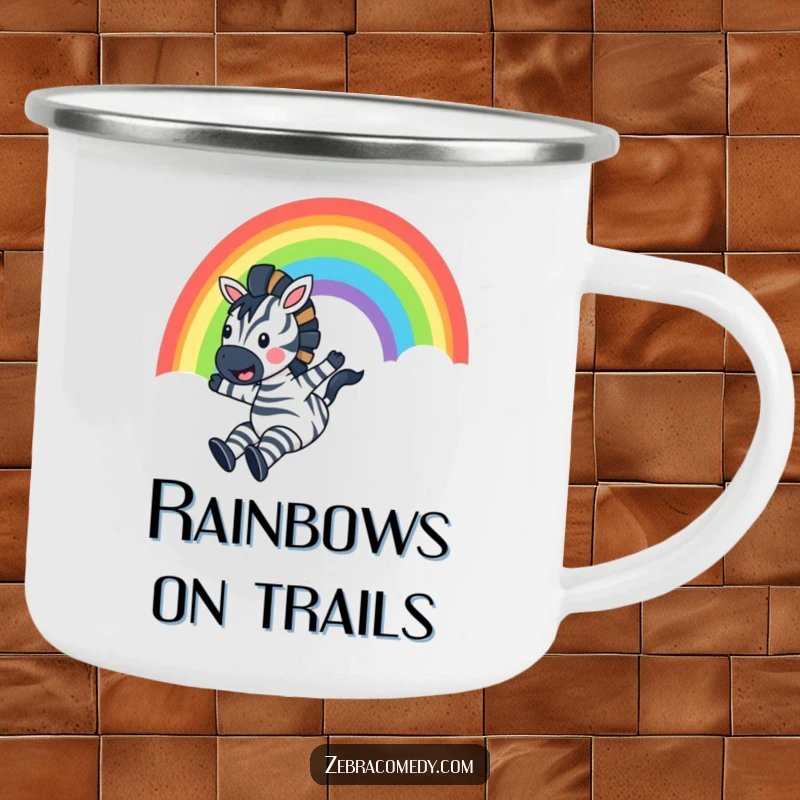 Funny Zebra Camping Mug: A joyful zebra slides down a vibrant rainbow, shouting with pure delight, perfect for any outdoor adventure.