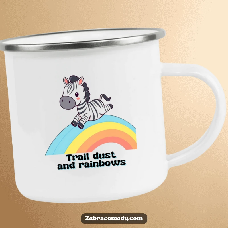 Funny Zebra Camping Mug: A grinning zebra sliding down a rainbow, ready for outdoor fun and humor.