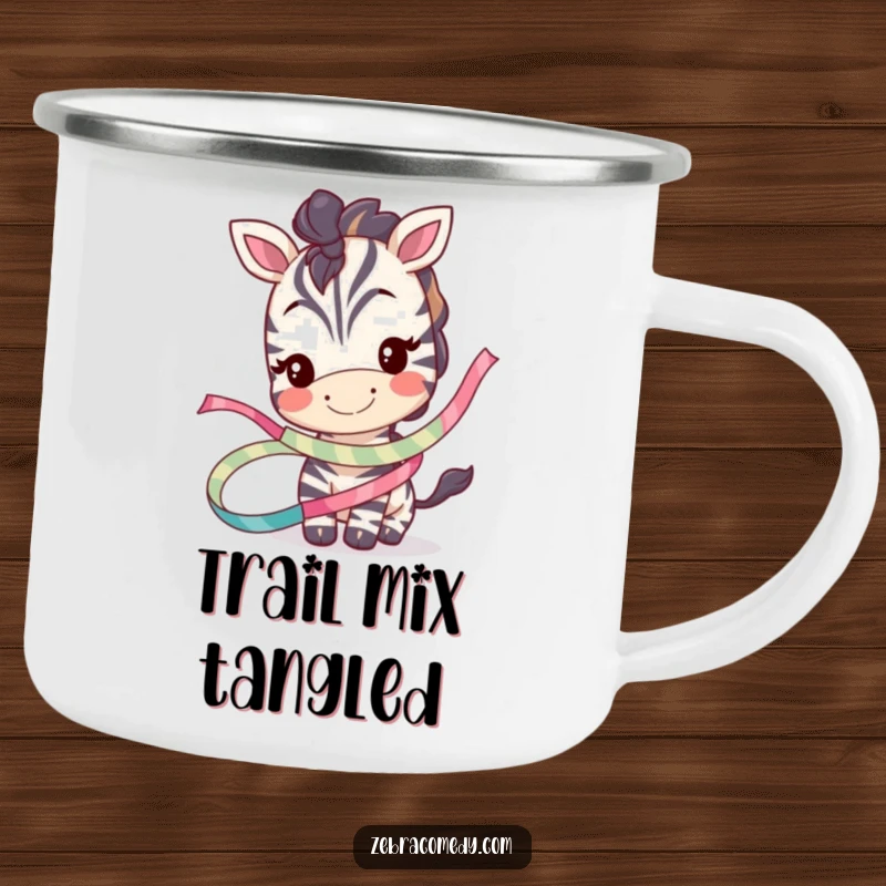 Funny camping mug with a smiling zebra character playfully tangled in a whimsical ribbon, perfect for outdoor enjoyment and humor.