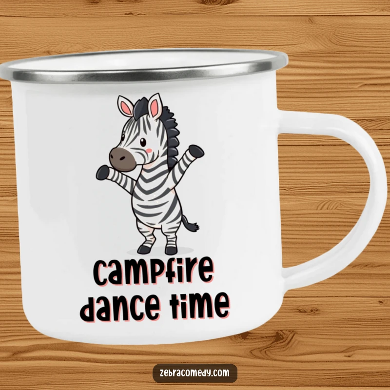 Funny zebra doing a silly dance with legs up, a rugged and amusing camping mug for outdoor fun.