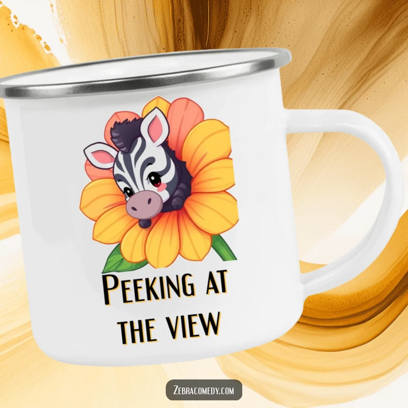 Funny camping mug featuring a curious zebra character peeking from behind a flower, ready for outdoor discovery.