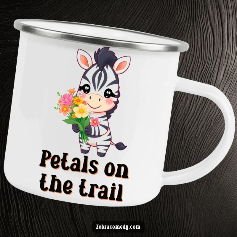 Funny zebra character with a sweet smile offering a bouquet of flowers, perfect for a durable camping mug for outdoor sweetness.