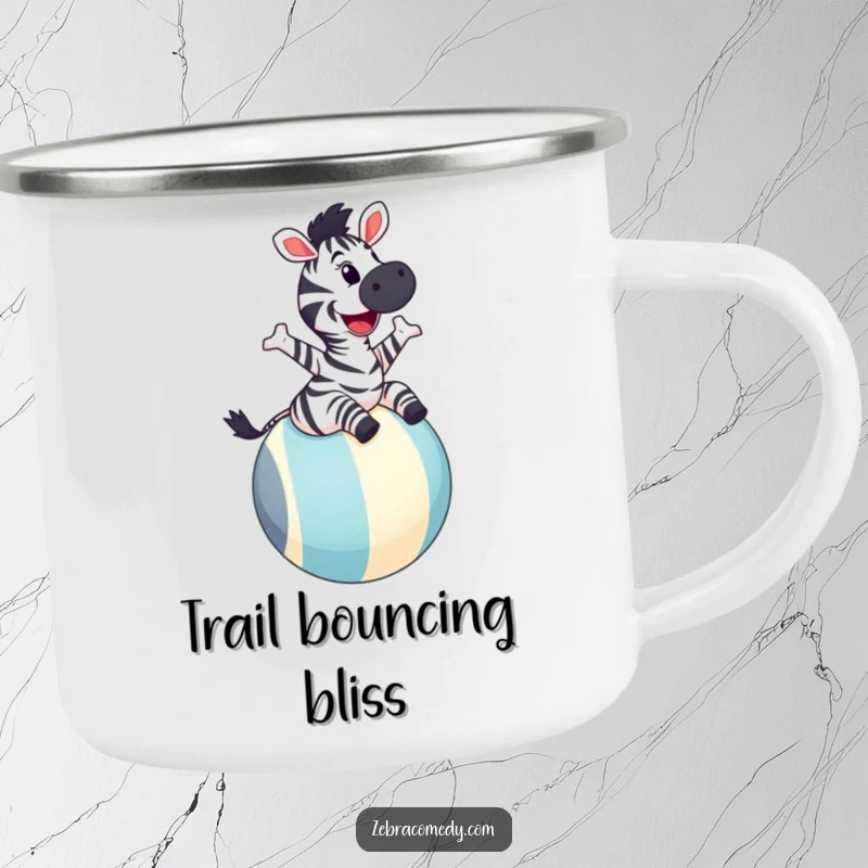 Funny zebra camping mug showing a joyful zebra with a wide grin bouncing on a large striped ball, designed for playful outdoor enjoyment.
