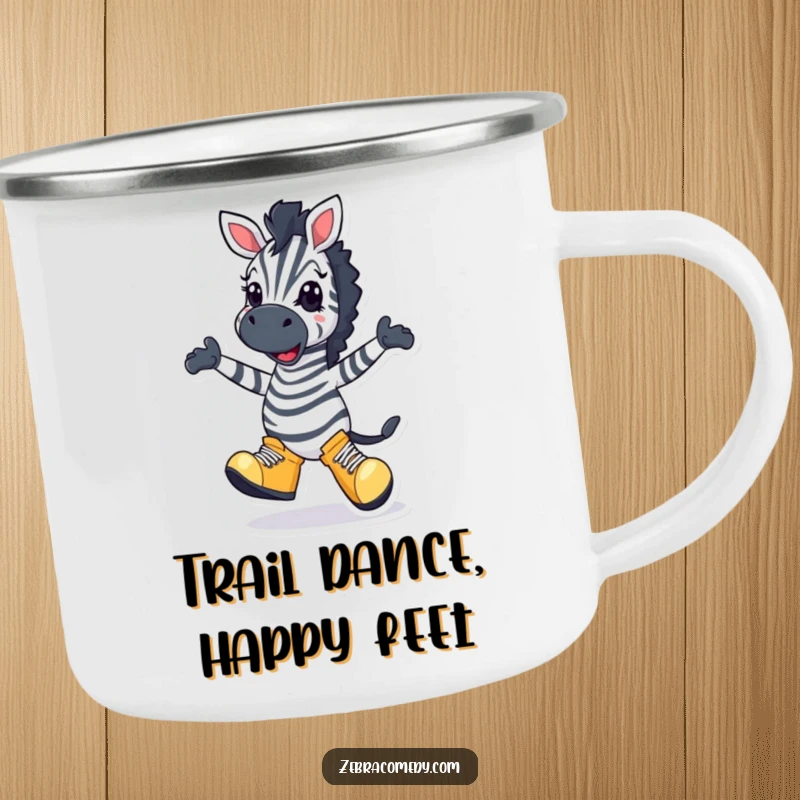 Funny Zebra Camping Mug: A zebra character in big shoes doing a silly dance, perfect for outdoor fun with a dose of humor.