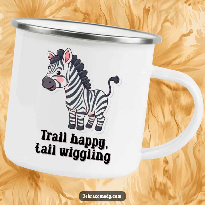 Funny zebra with exaggerated wavy stripes happily wiggling its tail on a camping mug, perfect for outdoor fun.